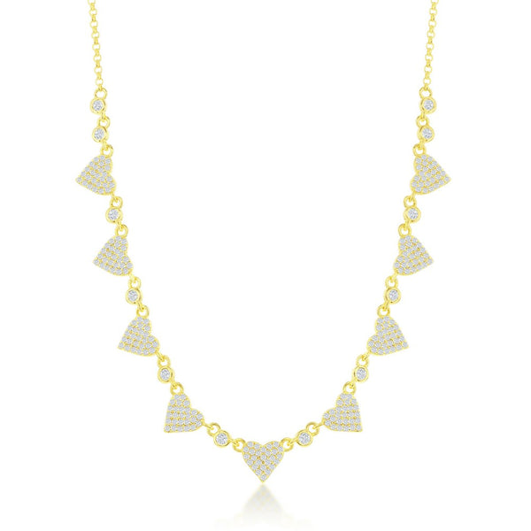 Sterling Silver Alternating Round & Micro Pave Heart CZ Necklace - Gold Plated